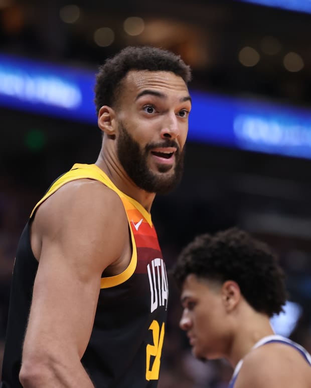 Utah Jazz center Rudy Gobert (27) reacts to a call on the court in the fourth quarter against the Dallas Mavericks at Vivint Arena.